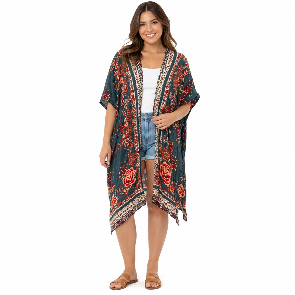 Angie Open Floral Rayon Boho Kimono Festival Earthy Kimono Jacket Casual sz 1X